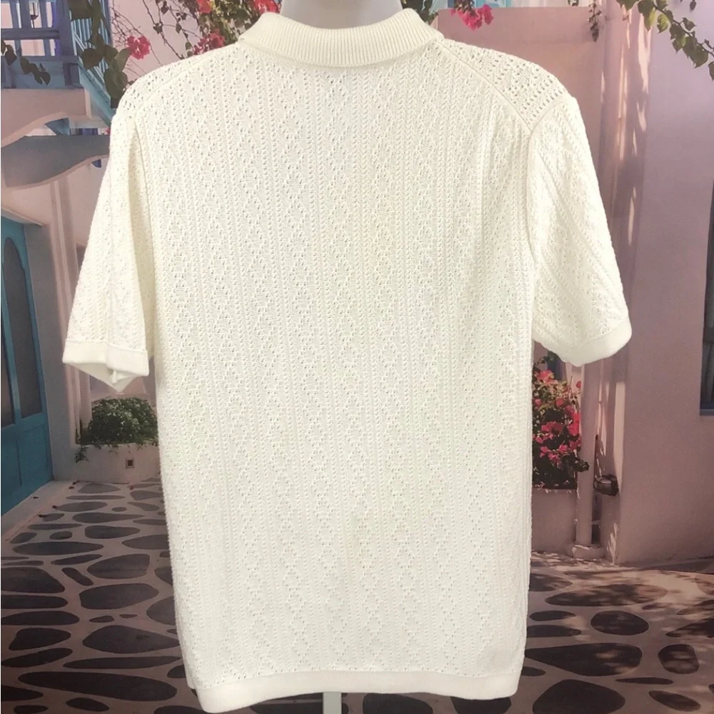 J. Crew Short Sleeve White Pointelle Stitch Polo Cardigan Sweater